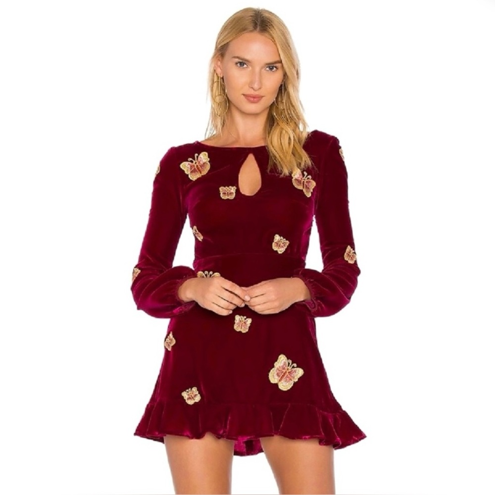 NEW FOR LOVE AND LEMONS REVOLVE EMBROIDERED LONG SLEEVE VELVET MINI DRESS
